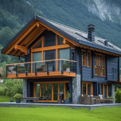 wooden house in the middle of green grass, in the style of dark indigo and dark brown, luxurious opulence, timber frame construction, dark orange and light black, clear edge definition, brightly colored, bold and busy --ar 128:85 --v 6 Job ID: 9e5afda4-a13f-447d-b41d-5da97ba79f4a